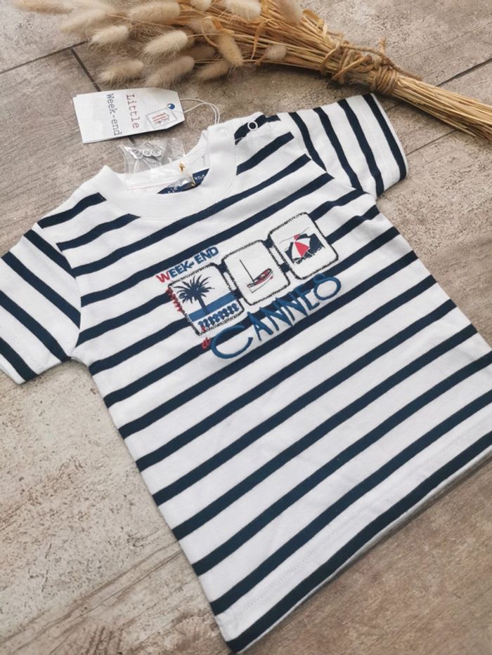 🌺Teeshirt Week-end à la mer 6mois Rayé bleu marine et blanc neuf avec étiquette - photo numéro 5