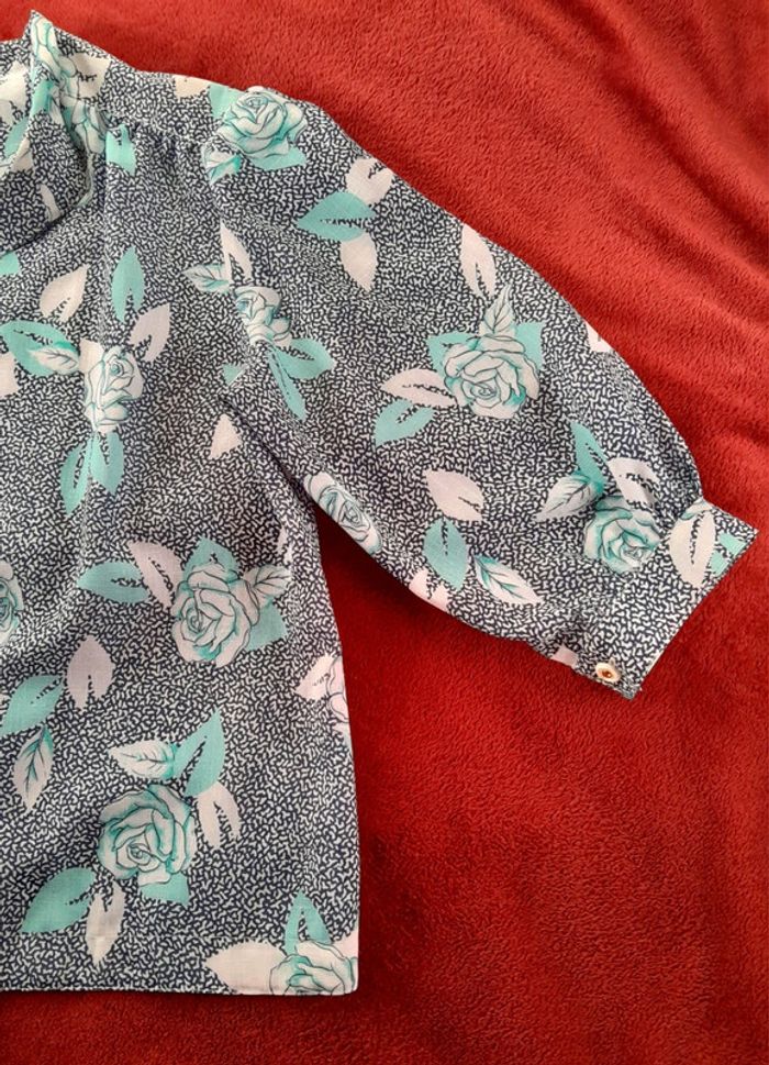 Blouse manches courtes vintage marine et turquoise - photo numéro 2