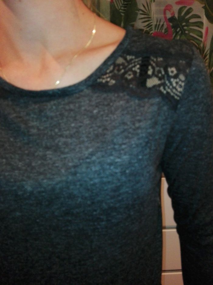 Haut manches longues gris chiné et dentelle noire Pimkie - photo numéro 4