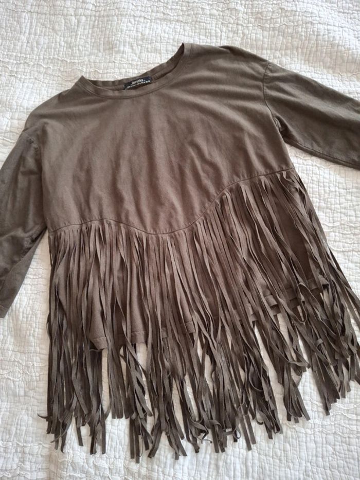 T-Shirt franges kaki Bershka taille M - photo numéro 2