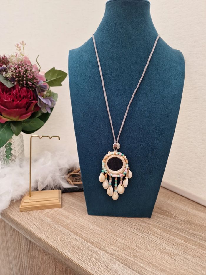 Collier Sautoir Miroir Boheme Macramé Attrape Reves Coquillages Perles - photo numéro 3