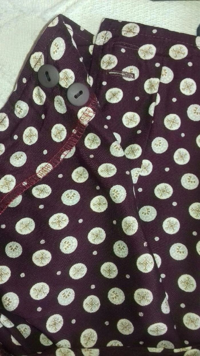 Jupe Vintage longue portefeuille bordeaux motifs beige taille 38 - photo numéro 2