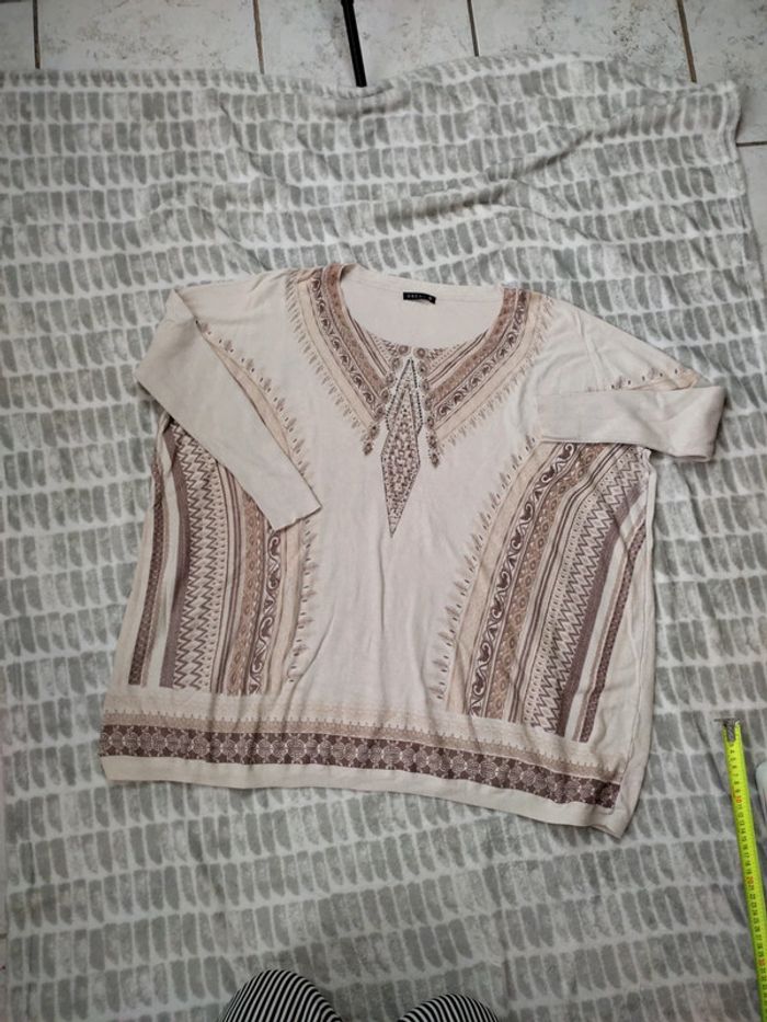Pull manches 3/4 beige motif marron strass bréal taille 46 - photo numéro 1