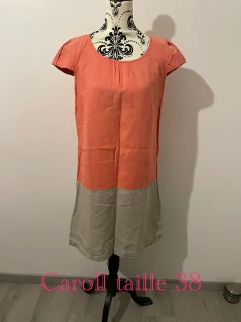Robe en lin Caroll taille 38 corail beige manches courtes