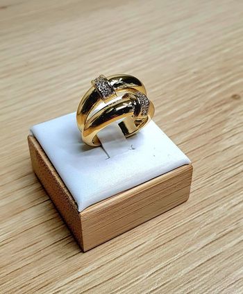 Bague Double Anneaux Dorée Ajustable – Acier Inoxydable & Strass