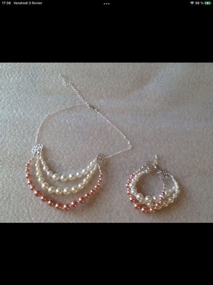 Parure neuve finition argent 925 double rang perles roses/blanches
