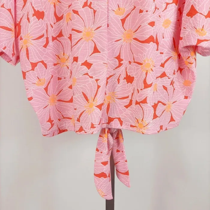 Chemise fluide fleurie rose orange CMT Atelier, col V nouée devant, taille M A516 - photo numéro 11