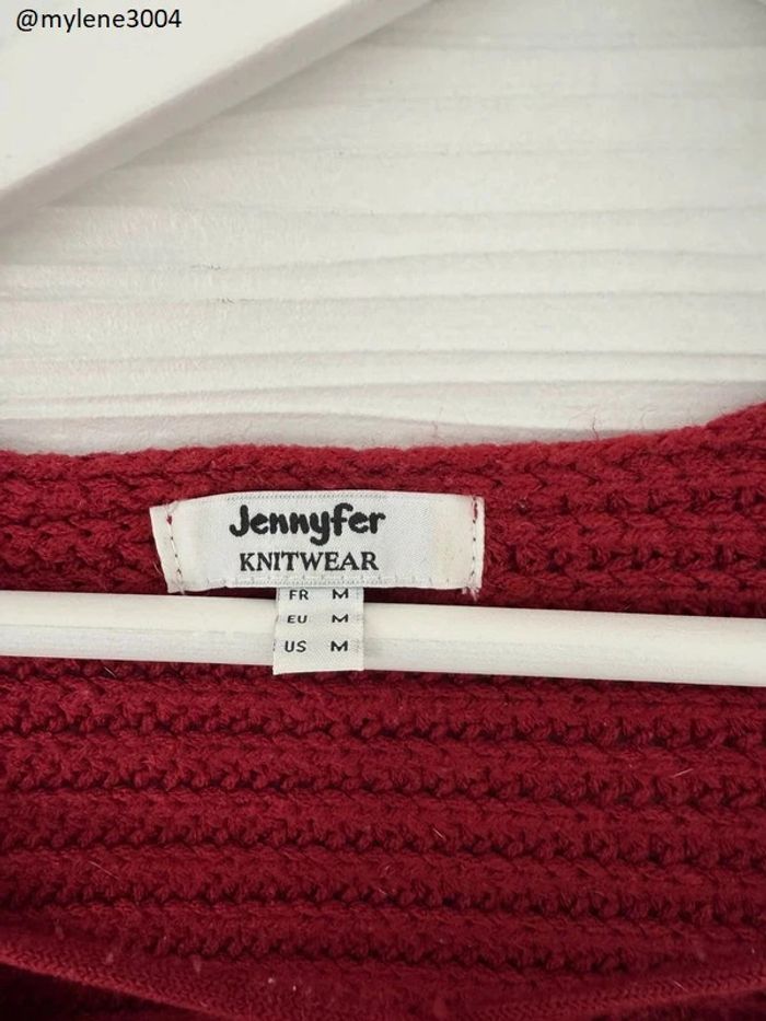 Pull d'hiver épais en maille torsadé bordeaux manches longues col V lacets - photo numéro 5
