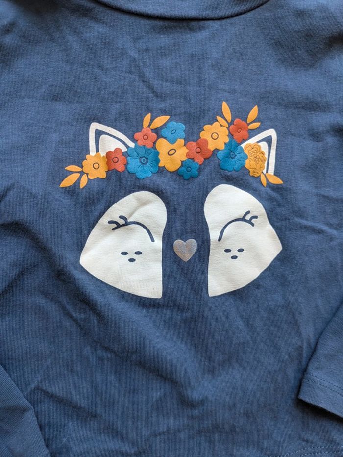 Tee-shirt renard à fleurs fille manches longues bleu - photo numéro 2