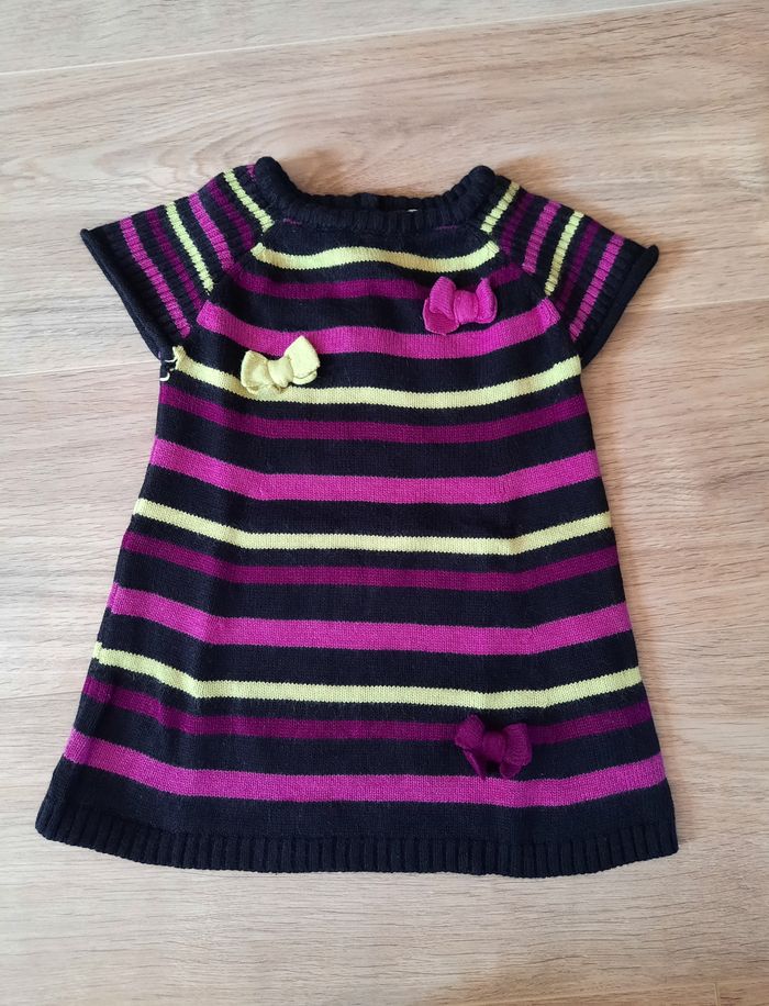 Robe-pull courte noire/vert/rose rayée Orchestra 12 mois