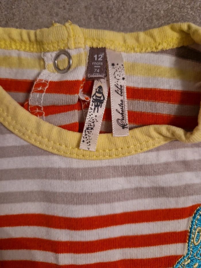 Grenouillère 1 pièce bébé fille rayure multicolore T12mois TBE orchestra - photo numéro 2