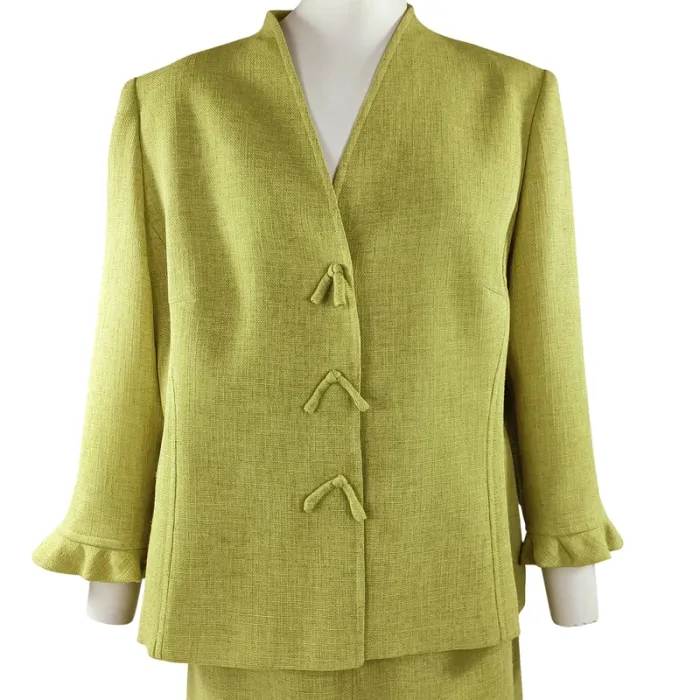 Ensemble jupe et veste Mafecco vert anis, coupe droite, tissu texturé, taille 42 A1209