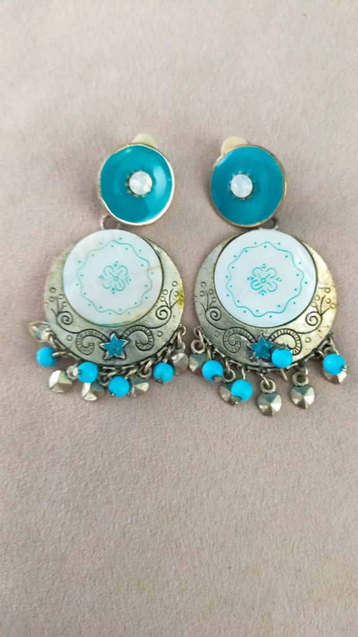 Boucles d’oreilles orientalisant et pampilles bleu turquoise vintage à clip - Collection Brume Bleue - photo numéro 7