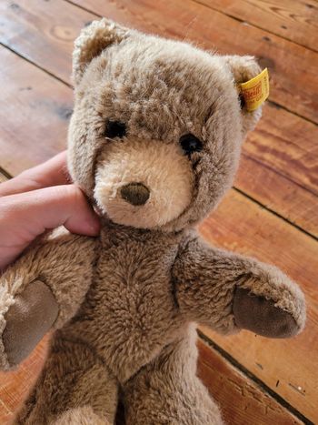Steiff Ours peluche 25cm ancien beige marron clair yeux expressifs étiquette jaune