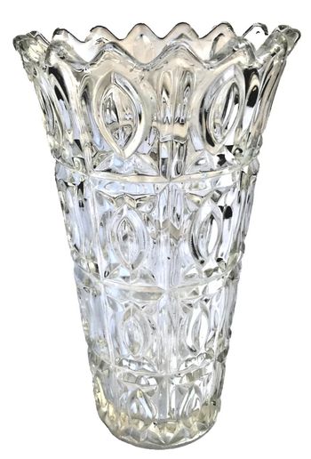 Années 1960 Grand vase cornet verre épais transparent moulé à décor de facettes