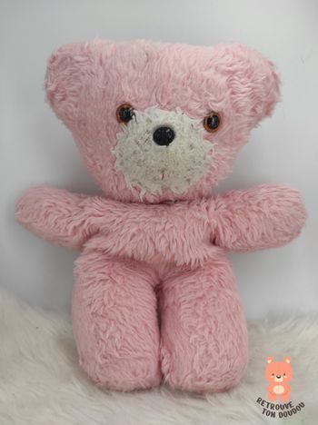 Ours en peluche rose bonbon et blanc Vintage 30 cm