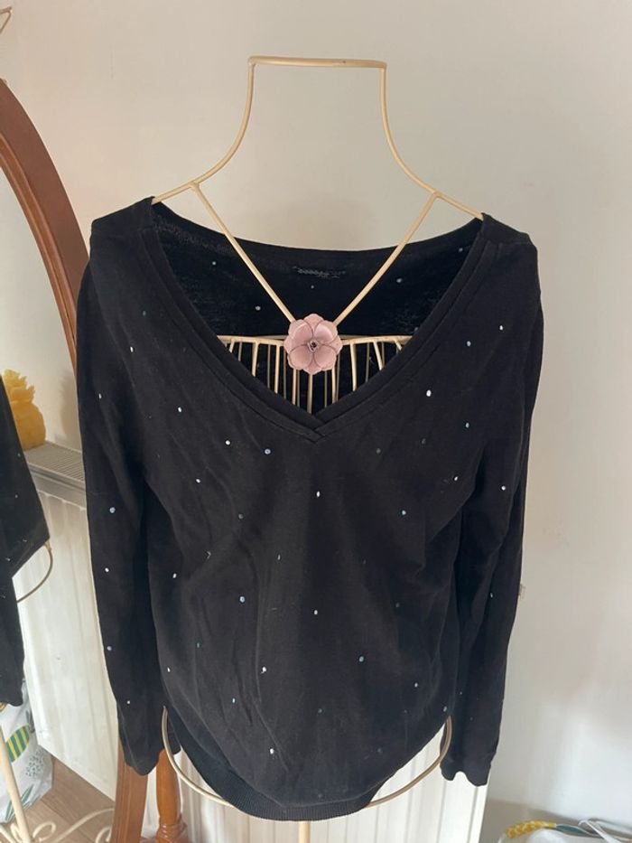 Pull noir à pois multicolore brodés L - photo numéro 2