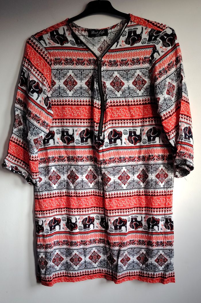 Tunique femme Best Life imprimé ethnique éléphants rouge noir blanc taille L/XL
