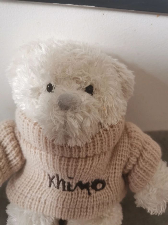 Peluche doudou ours nounours blanc pull khimo beige - photo numéro 6