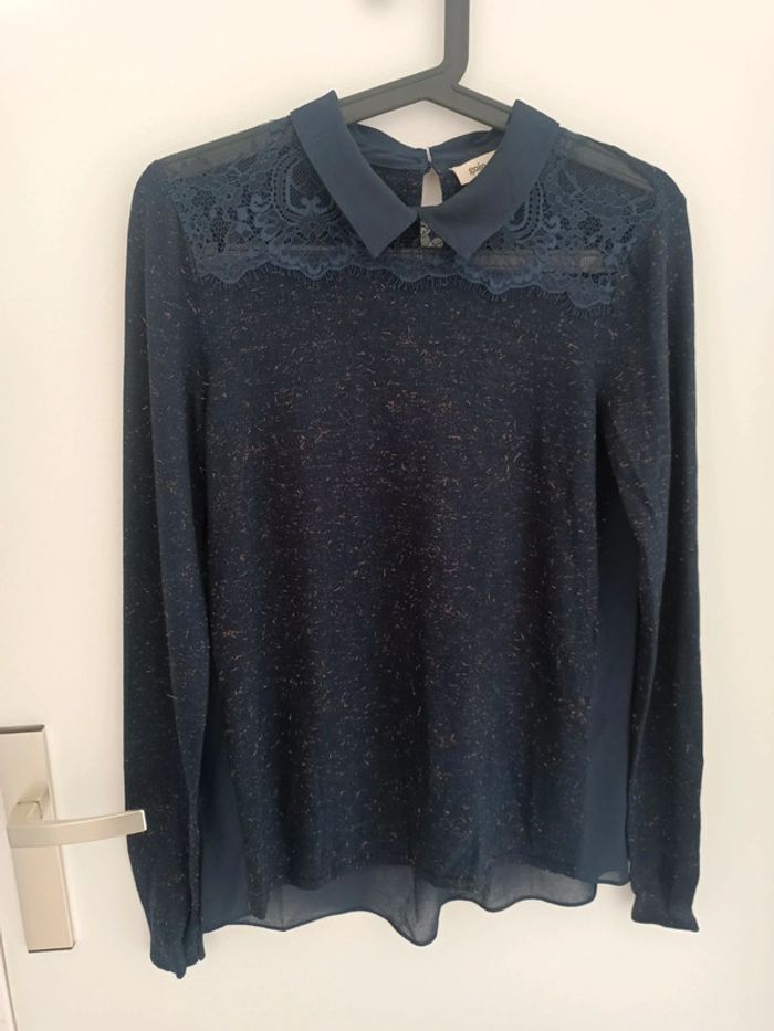 Blouse bi-matiere marine col Grain de Malice Taille S En très bon état - photo numéro 2