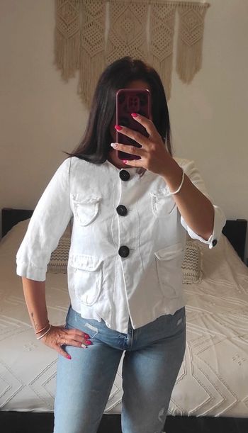 Magnifique veste en lin blanc Mango suit L 3 gros boutons noir classe chic décontracté