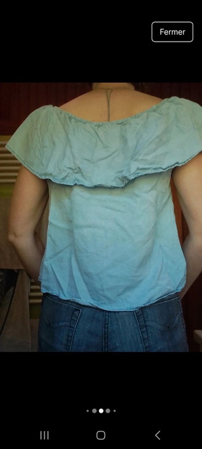 T-shirt épaules dénudées femme bleu clair aspet jeans - photo numéro 7