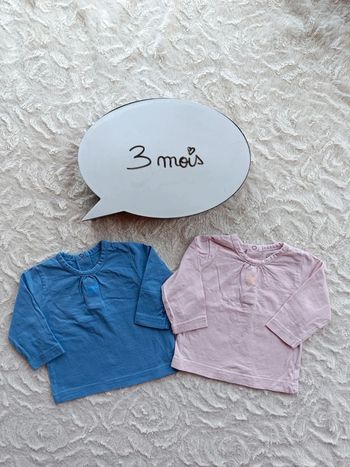Lot de 2 tee shirt chemise manches longues Fille 3 mois nœud Grain de blé 100% coton