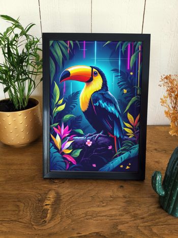 Affiche poster A4 (21×29,7 cm) toucan tropical coloré – déco murale jungle moderne salon chambre