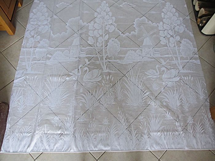 Voilage blanc motif paysage avec étang, cygnes et moulins à vent Décorêve - photo numéro 2