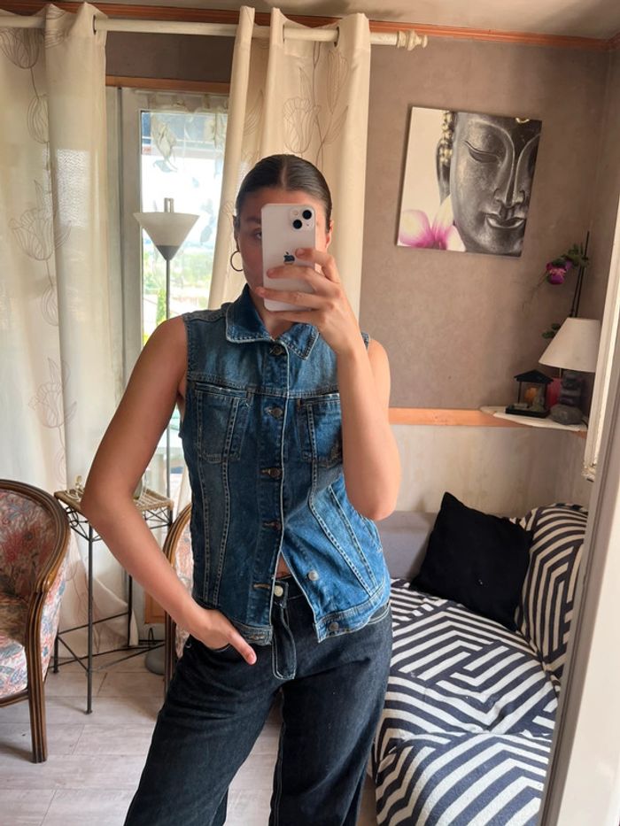 Top Jean veste y2k sans manches bohème champêtre country western Santiags denim