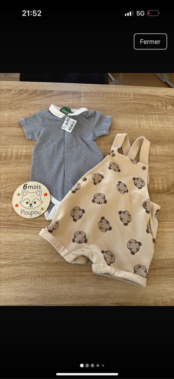 Ensemble Polo body marinière et salopette short petit tigre 6 mois NEUF Obaibi