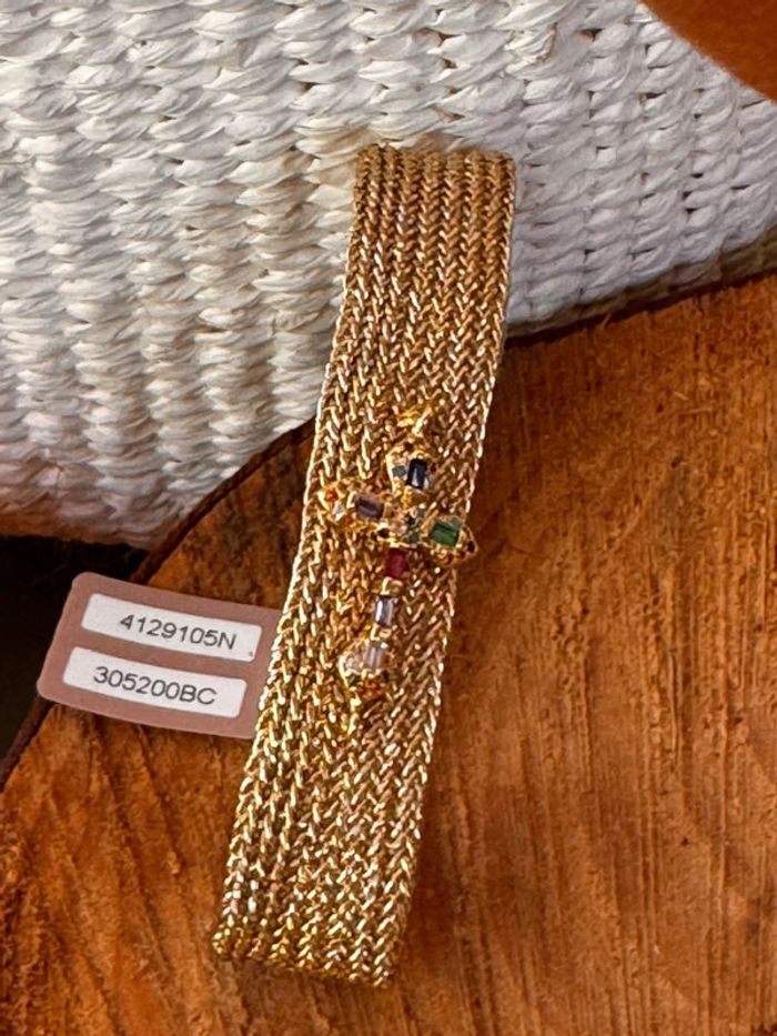 Bracelet manchette fils tissés or réglable croix acier inoxydable or cristaux - photo numéro 9