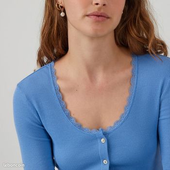 T-shirt boutonné manches longues, détail dentelle - Couleur Bleu - Taille XL - La Redoute Collection