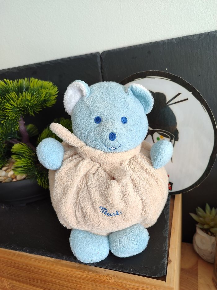 peluche Doudou ours boule Musti mustela écharpe bleu blanc beige marron poche PE0230