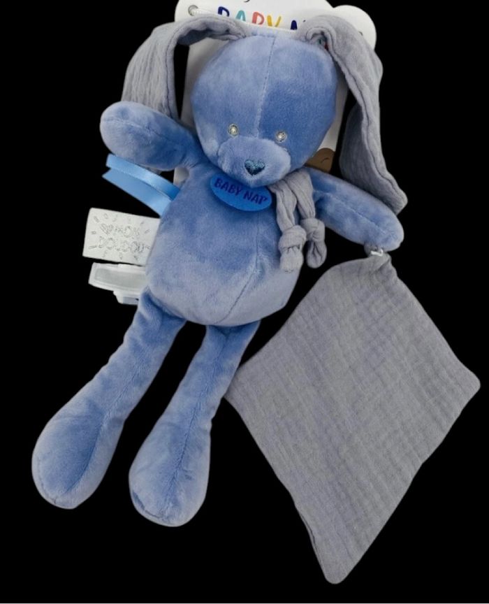 ❤️B3897 Doudou Pantin Mouchoir Lapin Bleu Mystère Mystere BABY NAT Babynat