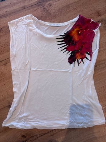 T-shirt blanc fleur tropicale rouge Gemo femme taille S