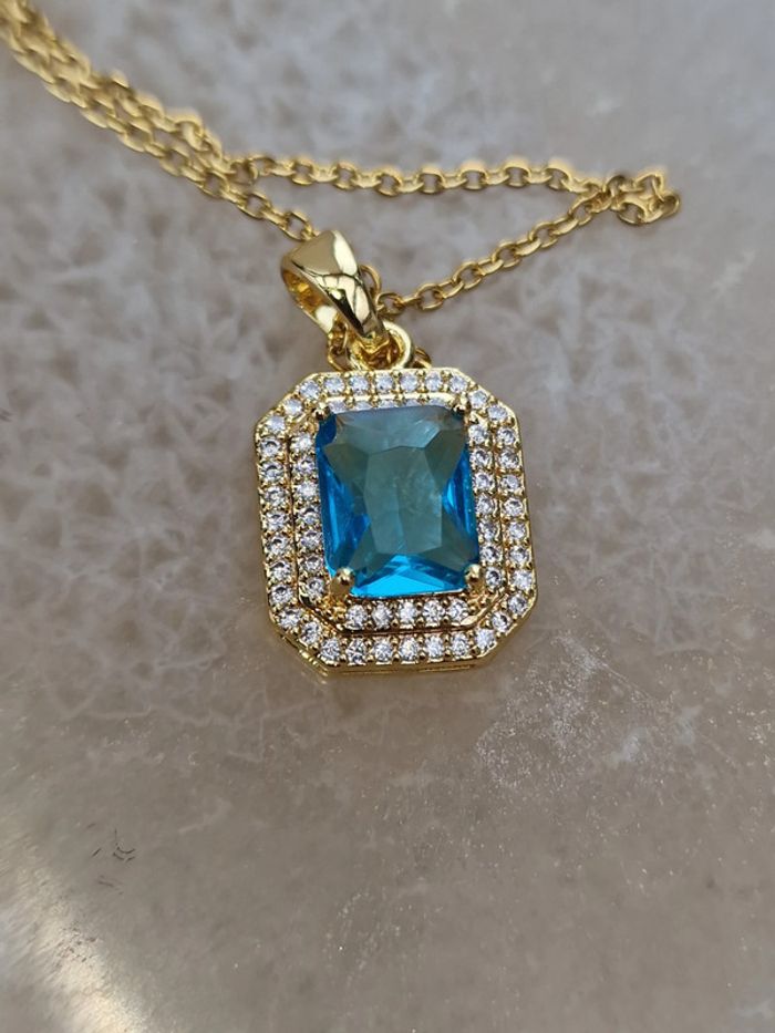 Collier Acier Doré Pendentif Pierre Bleue Cristal - photo numéro 11