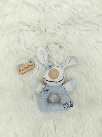Hochet peluche Doudou lapin Sucre D'orge bleu et blanc