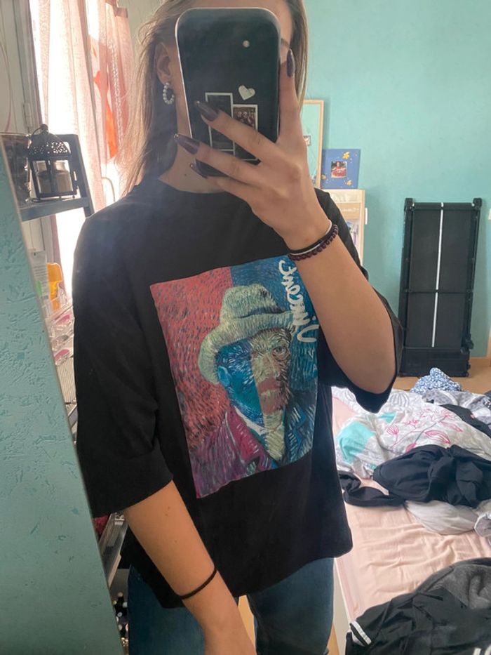 t-shirt over size noir dessin Vangogh - photo numéro 2