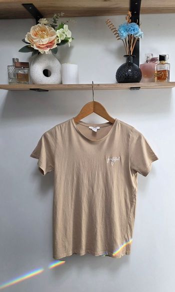 T-shirt Beige Amisu Grateful Brodé Très Bon État Taille XS Femme Col Rond Manches Courtes
