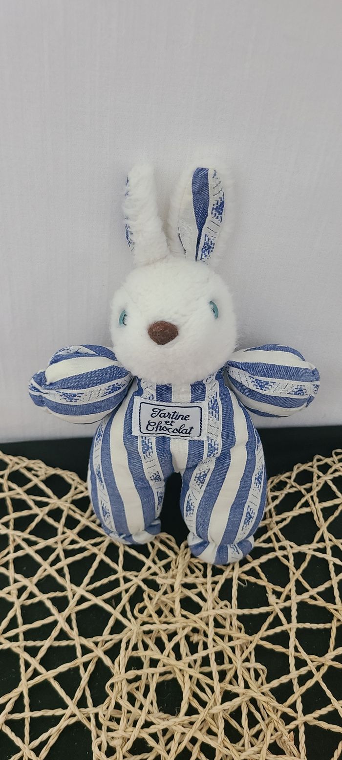 Doudou Peluche Vintage Tartine Et Chocolat Lapin Bleu Rayé - photo numéro 2