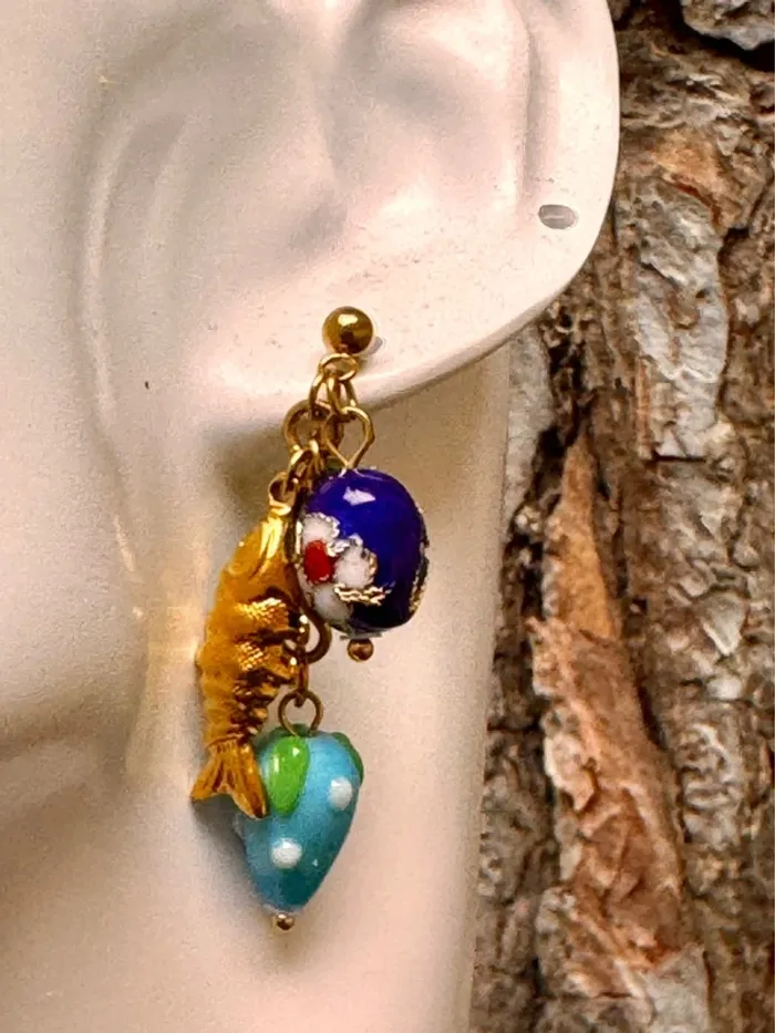 Boucles d’oreilles habaha Paris acier inoxydable or perles naturelles perles verres poisson - photo numéro 2
