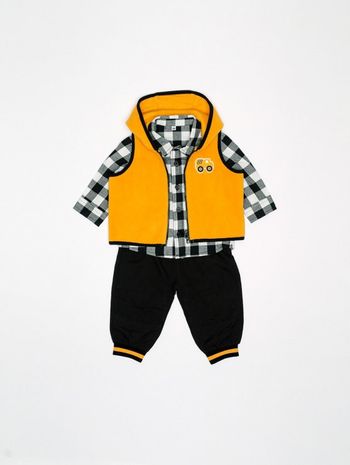 Ensemble chemise à carreaux, gilet polaire + pantalon