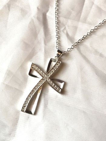 Collier Pendentif Religion Double Croix Strass Bijou Argenté Argent 925 Fantaisie Femmes