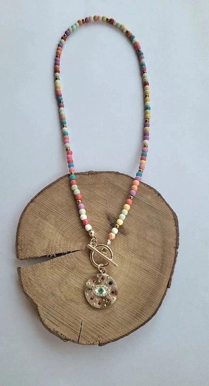 Collier avec perles en howlite multicolore acier inoxydable - photo numéro 2