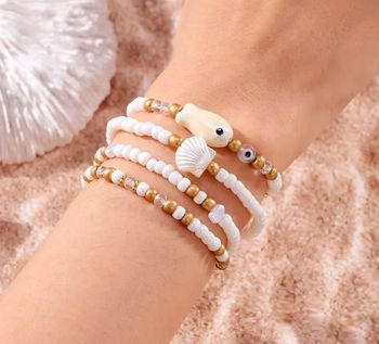 Lot de 4 bracelets perles blanc & doré – style bohème été, neufs