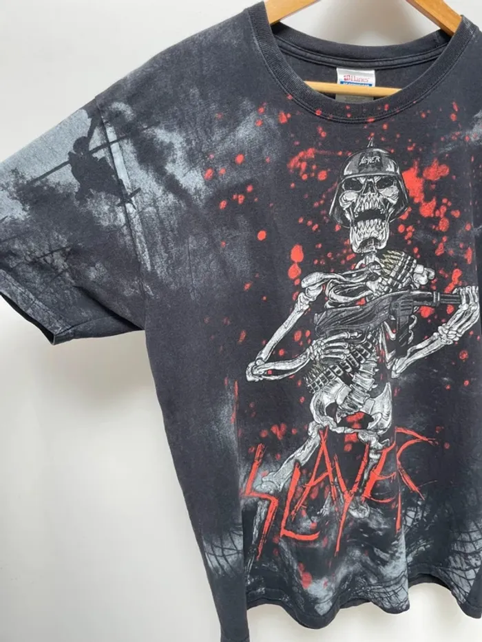 Rare Slayer Metal Rock band T Shirt Mens Large Skelton Skull Gun Vintage Y2K Double Sided - photo numéro 2