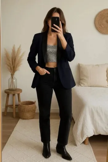 Veste blazer bleu marine Bel Air – Taille S – Pièce unique upcyclée par Tilli