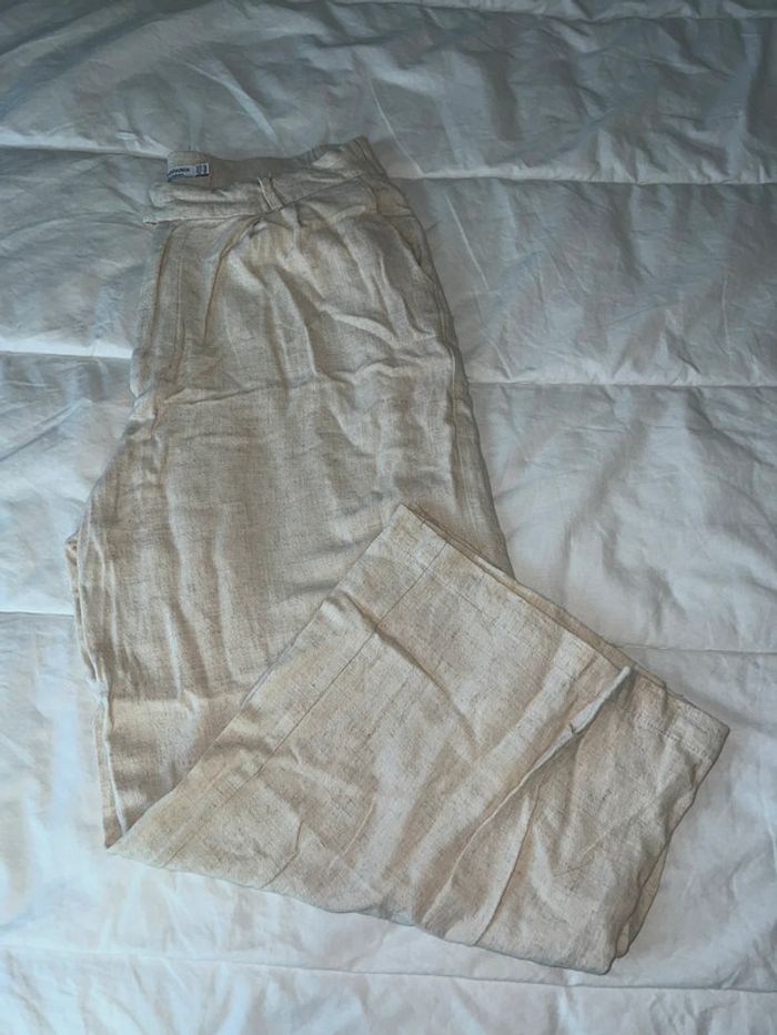 Pantalon Large Taille Haute Beige Lin Stradivarius 42 - photo numéro 3