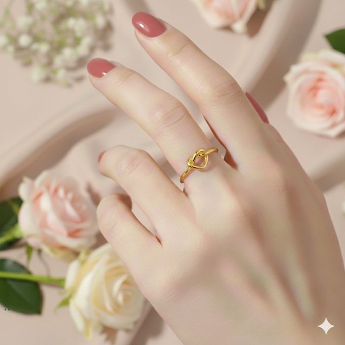 Bague dorée noeud coeur réglable en acier inoxydable